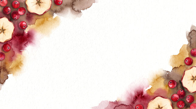 Cranberry apple fruit watercolor abstract background warm tea frame with crimson burgundy ocher brown pure white