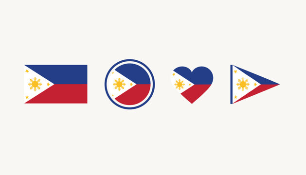 National flag of Philippines presented in four distinct geometric shapes: rectangle, circle, heart, and triangle.