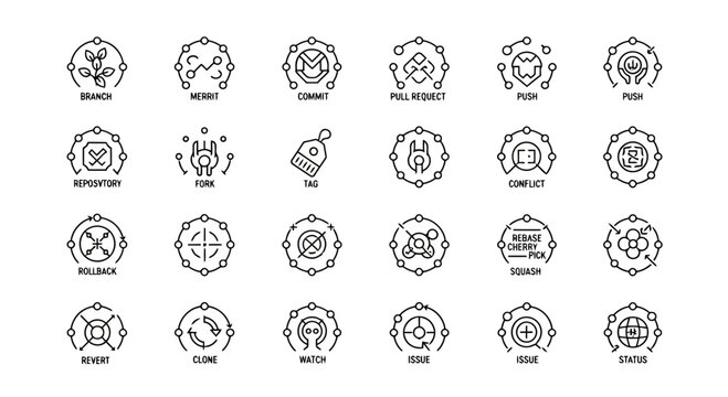 Git version control and software development workflow thin line icons.