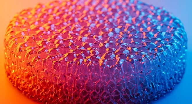 Distorted transparent cellular cushioning material shrinking and warping under extreme temperature, displaying a textured melted appearance, wrinkles, material, shiny