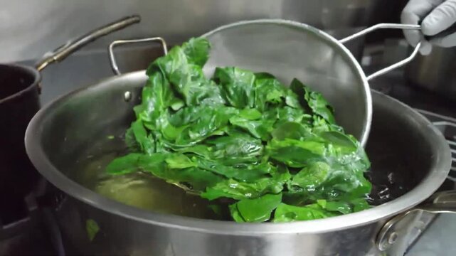 A close-up shot of vibrant, fresh green basil leaves being blanched in a stainless steel pot of boiling water. A chef uses a fine-mesh strainer to submerge the aromatic herbs, a key step in preserving