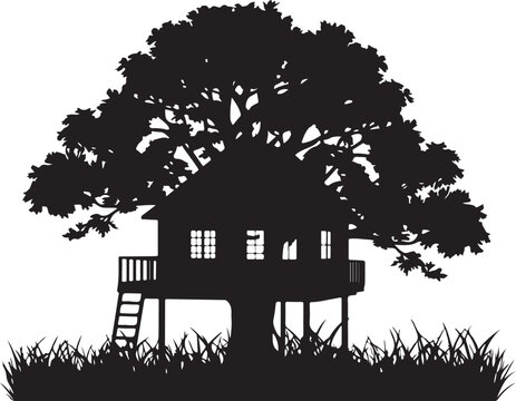 Treehouse silhouette, elevated house with ladder and black
