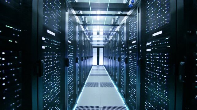 Modern Data Center Hallway with High Tech Server Racks
