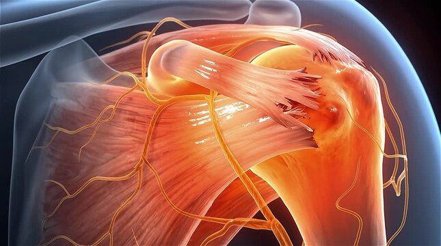 3D medical animation of glowing shoulder joint showing rotator cuff muscles tendons and nerves inside transparent blue body on dark background