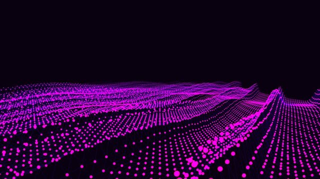 Abstract Pink Digital Wave Background. A seamless loop of moving dots and connected grid lines on a dark surface, perfect for futuristic technology, data, and sci-fi digital visual projects