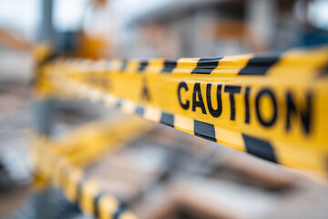 Fototapeta premium Yellow caution tape stretches across blurred construction zone. Black stripes contrast sharply against bright warning colors. Bold letters command attention to safety or restricted area