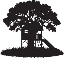 Obraz premium Treehouse with slide and ladder, silhouette on white black