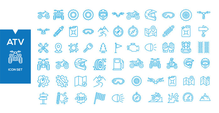 ATV Icon Set: A comprehensive collection of outline icons representing various aspects of All-Terrain Vehicle (ATV) activities, gear, and safety.