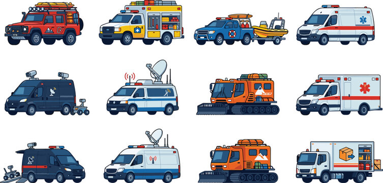 Emergency and Special Rescue Vehicles Vector Illustration Set with Ambulance Snowcat Support Truck and Van