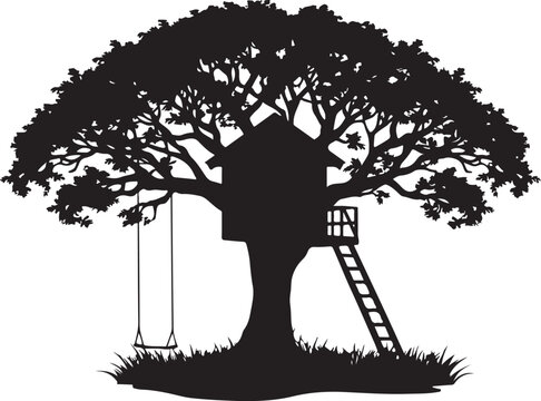 Treehouse with swing and ladder, silhouette on white