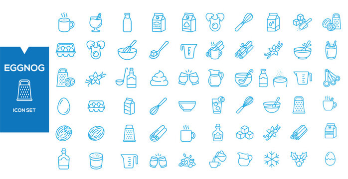 Eggnog Icon Set: A comprehensive collection of line art icons representing ingredients and tools for making eggnog and other festive drinks and treats.