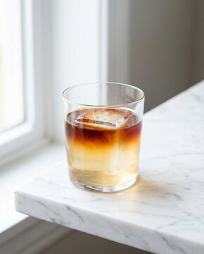 A classic layered gunner cocktail with a large ice cube served in a lowball glass on a marble counter by a window