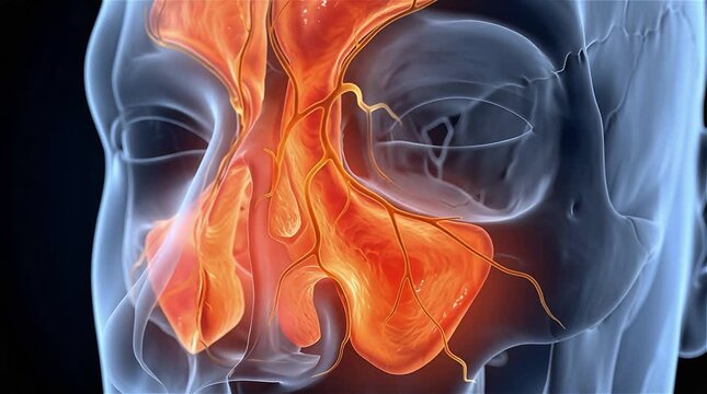 3D medical animation of glowing nasal sinuses and nasal cavity inside transparent blue human skull showing paranasal anatomy on dark background