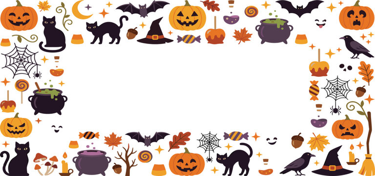 Halloween spooky frame border banner with pumpkins black cats cauldrons bats candy and witch hat vector.