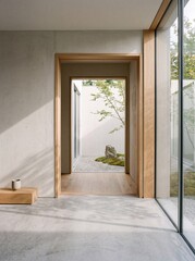 Fototapeta premium Natural light floods into a calm residential hallway with wood framing looking out towards a peaceful courtyard garden containing a tree and stone set amidst gravel paving in a luxury home