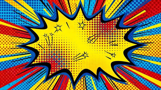 Dynamic pop art explosion background with halftone dots.