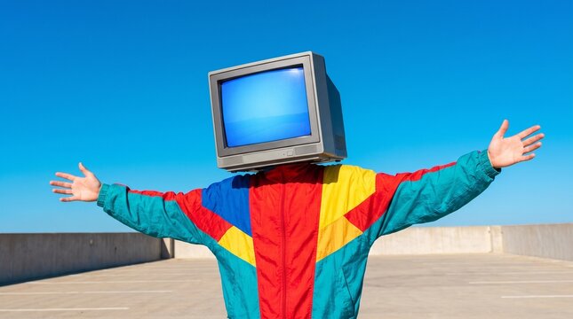 A person with an old television set for a head, wearing a vibrant retro jacket, stands with arms outstretched against a clear blue sky.