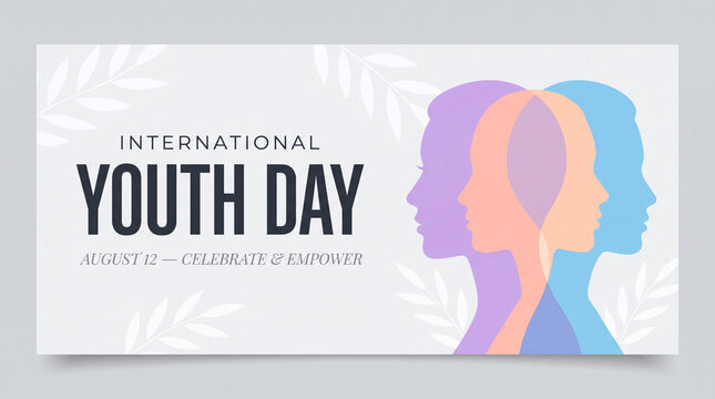International youth day greeting banner featuring colorful overlapping human head profiles symbolizing unity and generational diversity