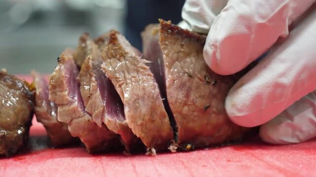 A professional chef wearing white gloves carefully slices tender, juicy roasted meat on a red cutting board. This high-quality close-up footage captures the preparation of premium ingredients for a tr