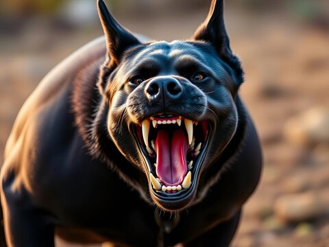 Muscled black dog growls fiercely, alert ears forward, territorial behavior, loyal companions
