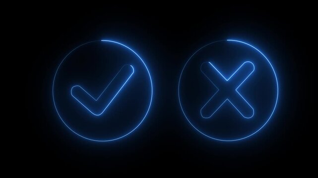 glowing neon Tick or check mark icon on Black Background . right and wrong animated neon icons, False and true. Correct and incorrect, "Minimal neon Check Mark and Cross Icon in Circle .