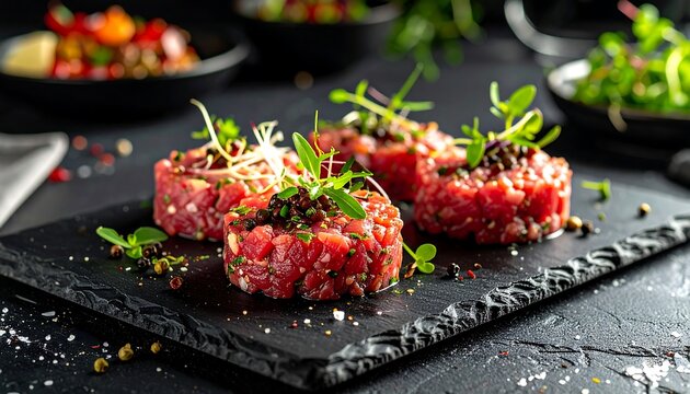 Close-up of four raw meat tartare dishes on a black serving platter with garnish