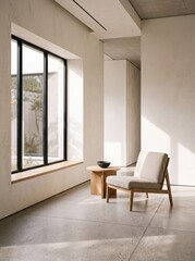 Fototapeta premium Sunlight streams across a contemporary living space highlighting a comfortable armchair and a small wooden side table adjacent to a large window showcasing outdoor greenery creating a serene