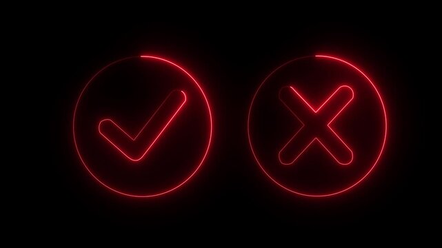 glowing neon Tick or check mark icon on Black Background . right and wrong animated neon icons, False and true. Correct and incorrect, "Minimal neon Check Mark and Cross Icon in Circle .