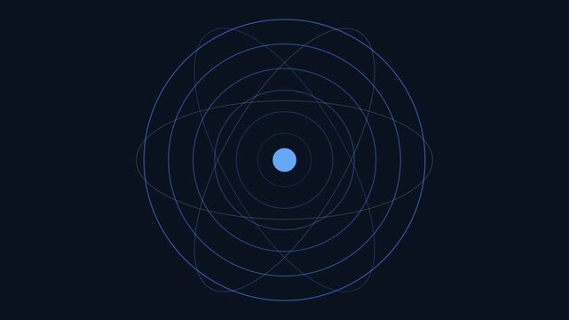 Abstract atomic orbit motion rotating blue energy rings and nucleus particle animation for science and technology backgrounds 4k
