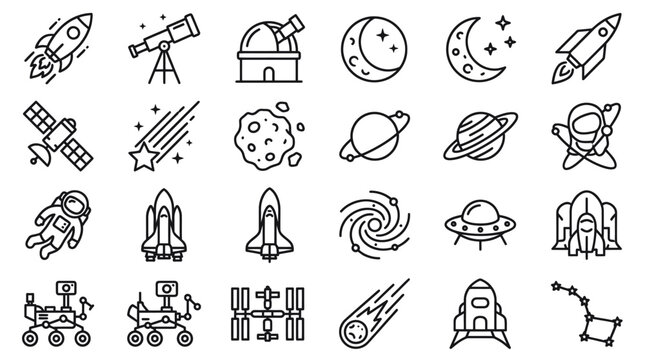 Celestial bodies and space travel linear icon pack.