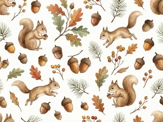 Rustic Watercolor Squirrels and Acorns Seamless Pattern © mingnimit