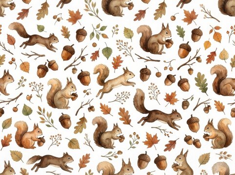 Rustic Watercolor Squirrels and Acorns Seamless Pattern
