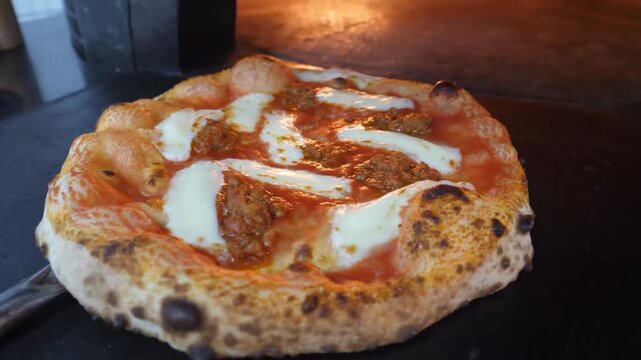 A professional chef uses a long metal peel to maneuver an artisanal pizza inside a traditional brick wood-fired oven. The footage captures the glowing embers and dancing orange flames in a rustic pizz