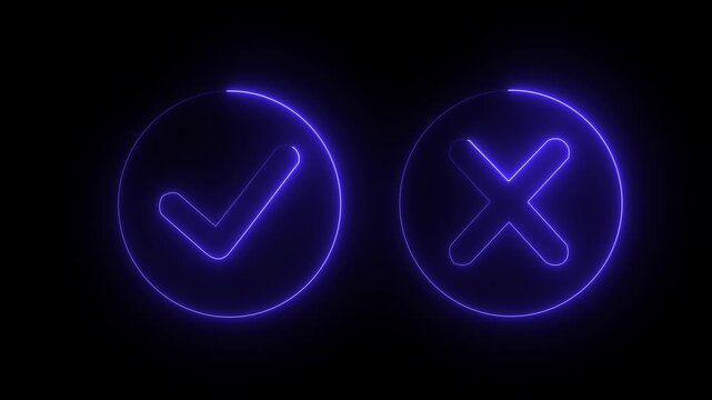 glowing neon Tick or check mark icon on Black Background . right and wrong animated neon icons, False and true. Correct and incorrect, "Minimal neon Check Mark and Cross Icon in Circle .