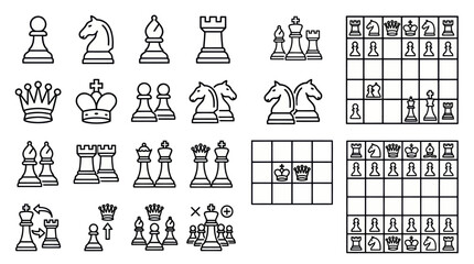 Chess pieces and strategic board layout outline icons © ULFAITA