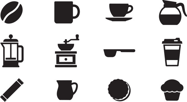 Coffee icons, 12 black silhouettes, coffee shop symbols, vector graphics