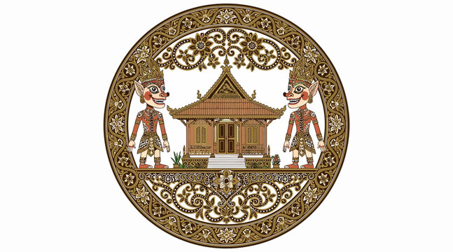 Balinese Traditional Art Emblem: Temple, Puppets, Ornate Border