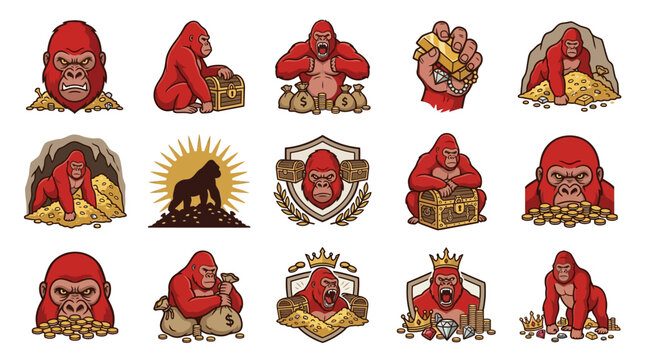 Red gorilla mascot with gold coins and money.