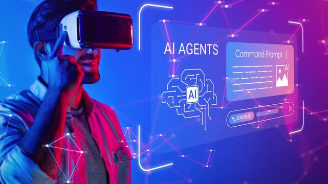 Person utilizing virtual reality technology with digital AI agents and command interface on futuristic background filled with abstract blue and pink lights Gluon.