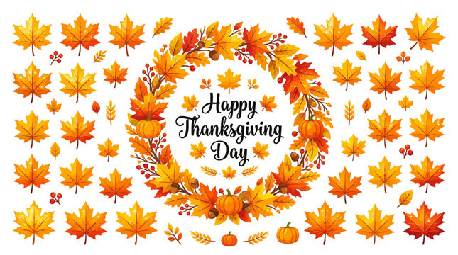 Autumn Leaves Wreath with "Happy Thanksgiving Day" Text - Fall Foliage Decoration