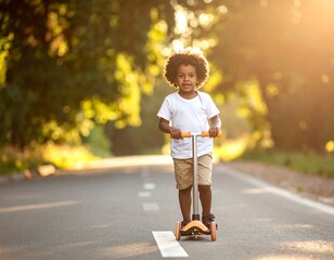 Fototapeta premium Child riding a scooter on a sunny road outdoors surrounded by trees