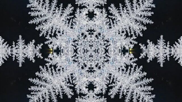 A large snowflake with intricate patterns is centered on a black background