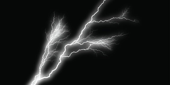 Lighting. Vector llustration of realistic lighting thunderbolt on black background. Lightning bolts on black background, electricity storm effect. Lightning bolts on black background, electric storm
