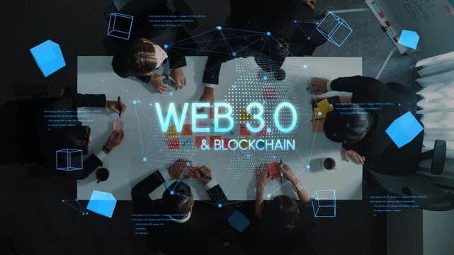 Professionals Engaged in Collaborative Web 3.0 Blockchain Discussion Over a Conference Table with Digital Graphics and Colorful Sticky Notes. Entropy.