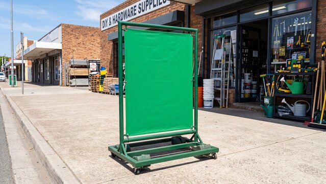 Blank Green Sign Board Stand Outside Hardware Store on Sidewalk