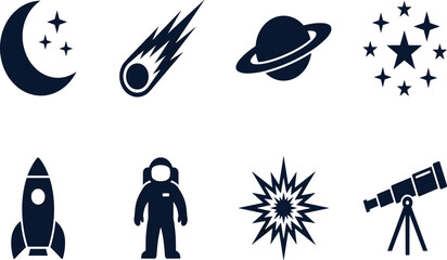 Space exploration vector silhouette icon set featuring astronaut, rocket, planet, and telescope for science design © Mdjoshelahamed4400 