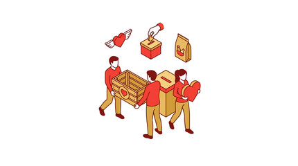 Naklejka premium Isometric illustration of volunteers donating food and money for charity