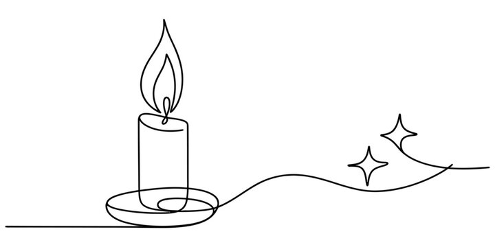 Continuous single line drawing of a burning candle with flames and sparkles Vector, illustration