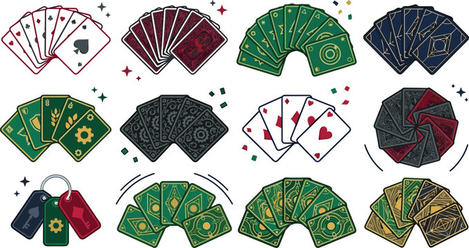 Playing card collection featuring casino poker decks tarot fantasy cards game accessories and gambling vector illustration set