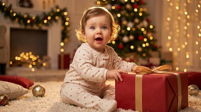 Baby in holiday pajamas excited by gift box near Christmas tree  